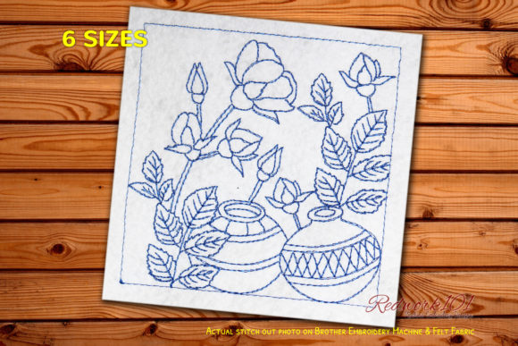 Ceremic Pot with Flowers Redwork