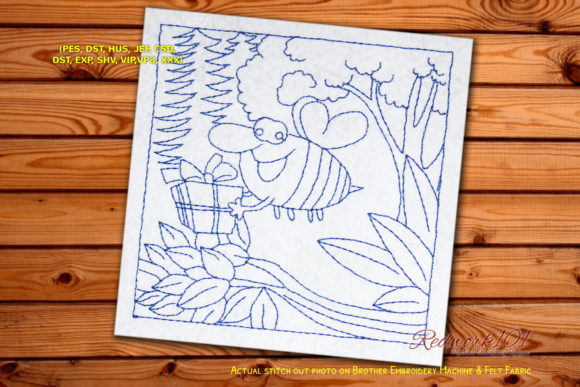 Happy Bee Carries Gift Redwork