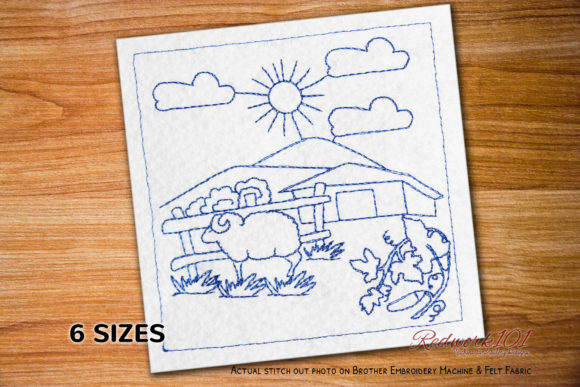 Village Scene Redwork Design